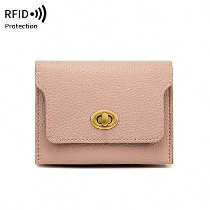MIYIN Fashion Retro Litchi Grain RFID Blocking Card Holder, Turn Lock Flap Short Wallet, Portable Coin Credit Card Purse For Women