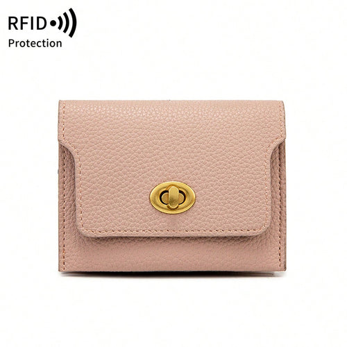 MIYIN Fashion Retro Litchi Grain RFID Blocking Card Holder, Turn Lock Flap Short Wallet, Portable Coin Credit Card Purse For Women