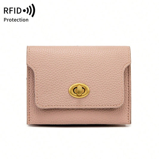 MIYIN Fashion Retro Litchi Grain RFID Blocking Card Holder, Turn Lock Flap Short Wallet, Portable Coin Credit Card Purse For Women
