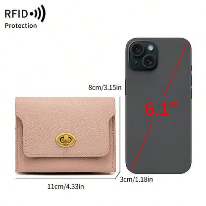 MIYIN Fashion Retro Litchi Grain RFID Blocking Card Holder, Turn Lock Flap Short Wallet, Portable Coin Credit Card Purse For Women