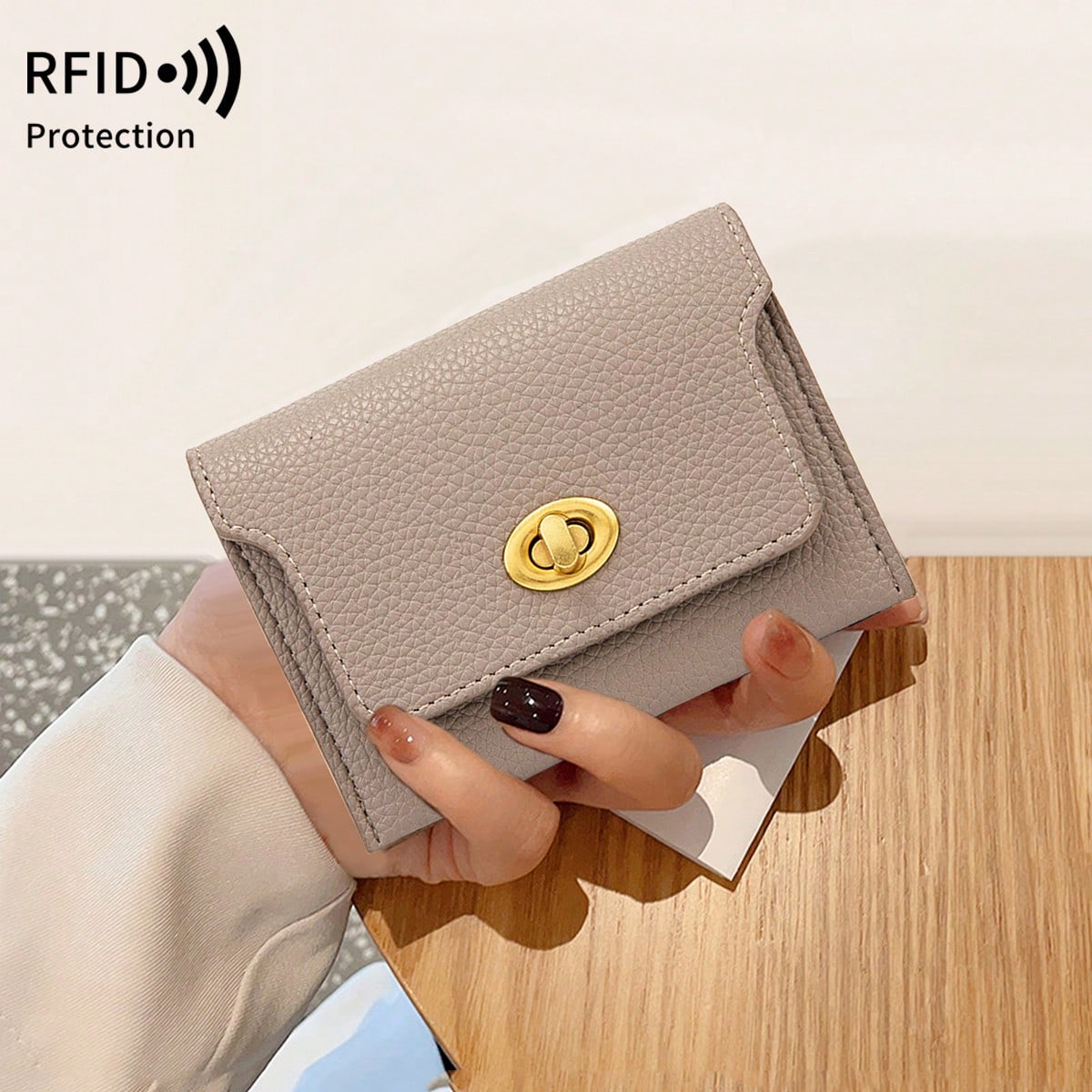 MIYIN Fashion Retro Litchi Grain RFID Blocking Card Holder, Turn Lock Flap Short Wallet, Portable Coin Credit Card Purse For Women