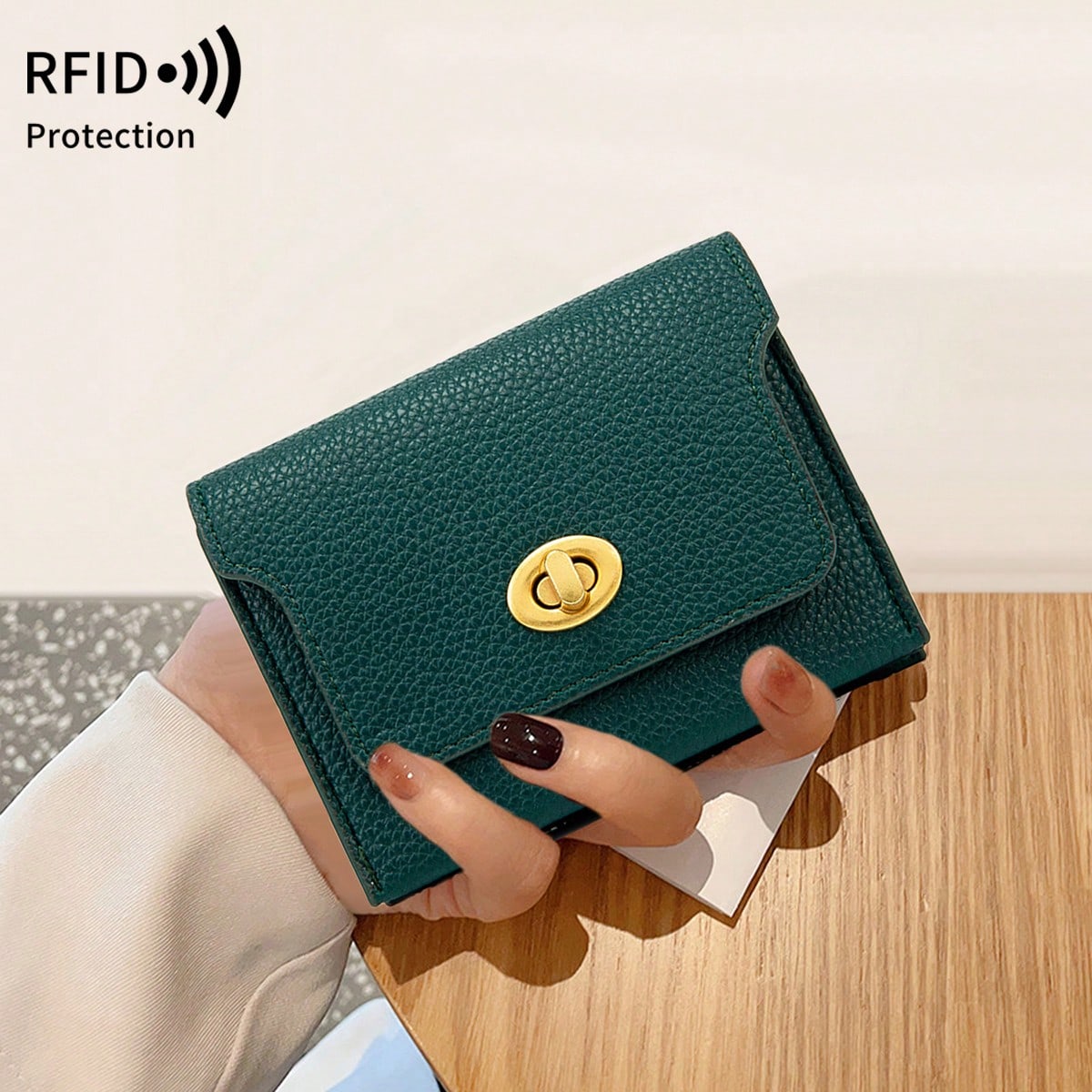 MIYIN Fashion Retro Litchi Grain RFID Blocking Card Holder, Turn Lock Flap Short Wallet, Portable Coin Credit Card Purse For Women