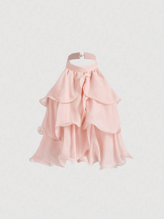 MOD Baby Pink,Summer,Elegant,Formal,Party Multi-Layered Ruffle Crop Top,Women's Backless Off The Shoulder Tube Tops,Cute Vintage Valentine's Day Blouse