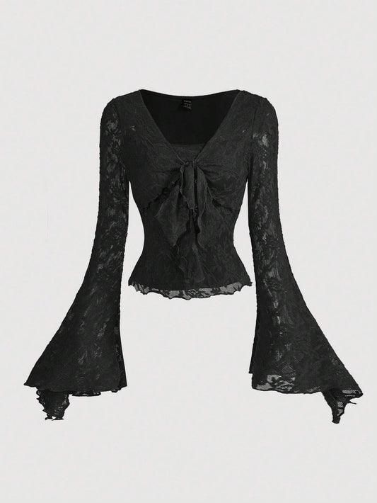 MOD Black And Elegant Front Tie Shirt, Lovely Women's T-Shirt, Autumn Winter Hollow Out Clothing Pirate Top Princess