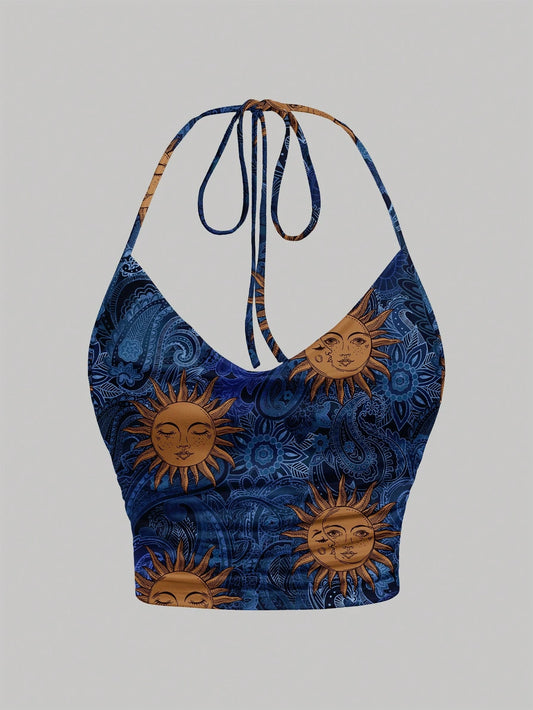 MOD Casual Minimalist Tie Neck Halter Fitted Versatile Top With Sunflower Pattern,Summer Top