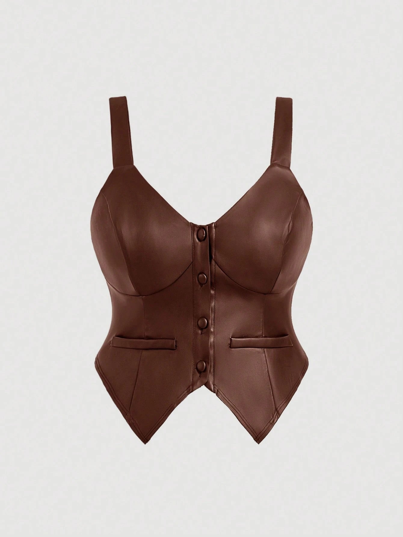 MOD Plus Size Brown PU Leather Minimalist Fitted Top