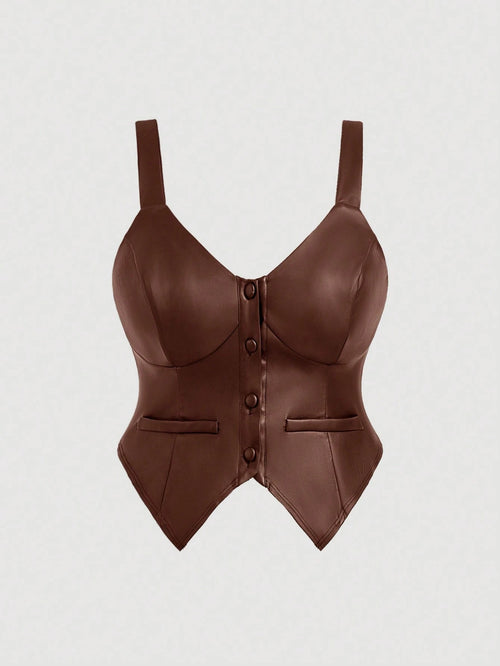 MOD Plus Size Brown PU Leather Minimalist Fitted Top