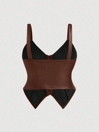 MOD Plus Size Brown PU Leather Minimalist Fitted Top