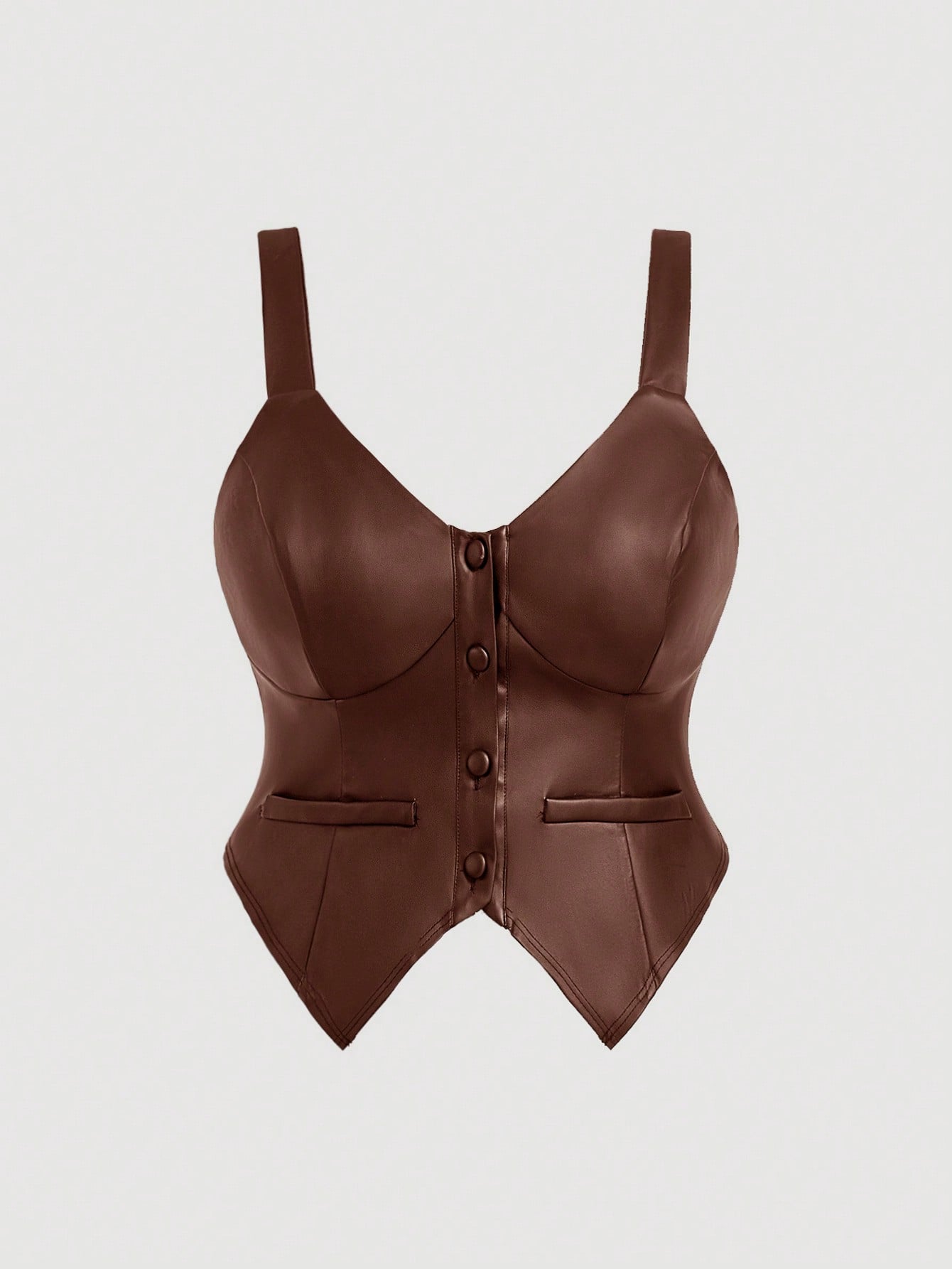MOD Plus Size Brown PU Leather Minimalist Fitted Top