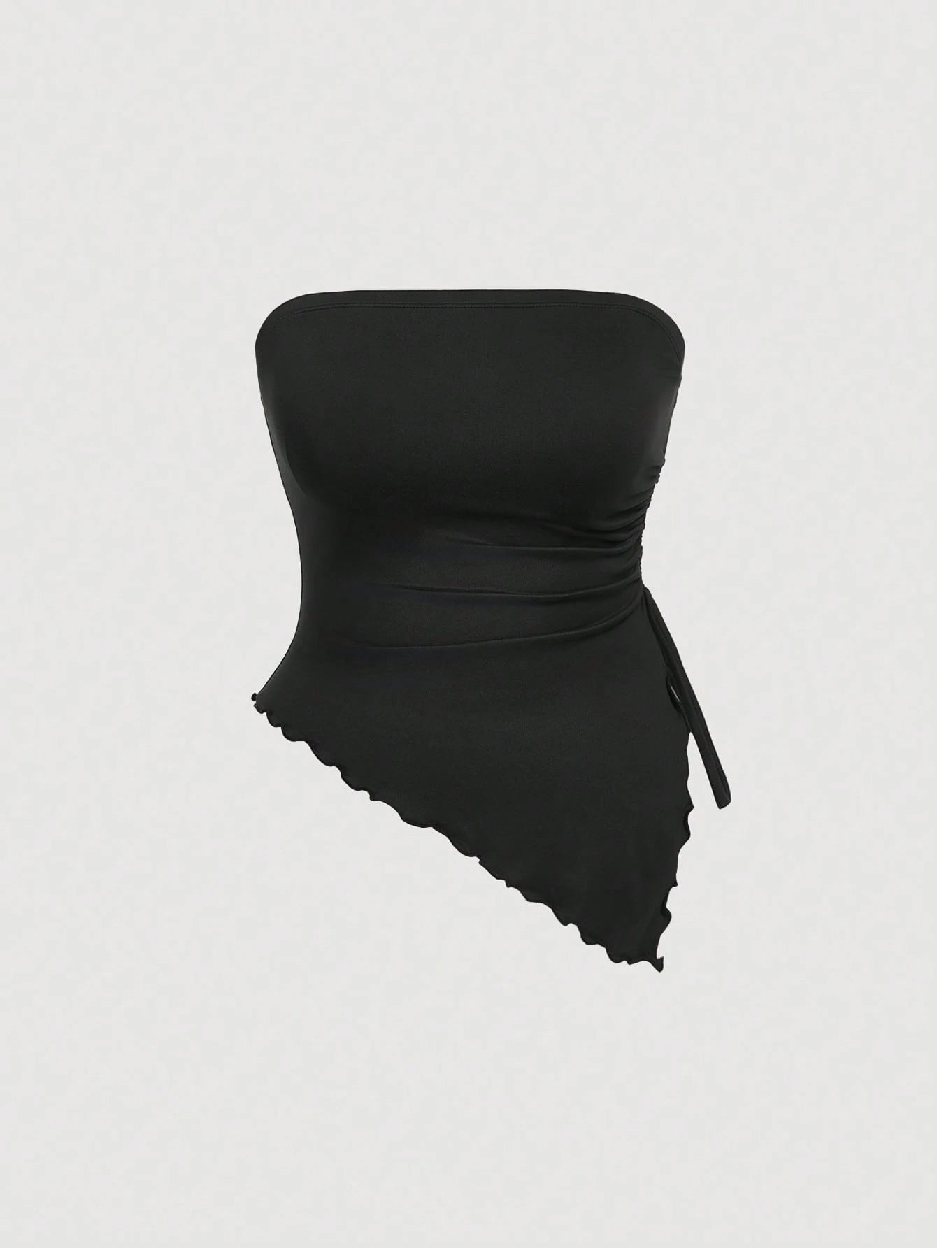 MOD Plus Size Women Fashion Tube Top Strapless Ruched Drawstring Asymmetric Hem Casual Sexy Base Layer Top For Vacation, Spring/Summer Date Night Black