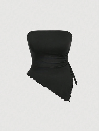 MOD Plus Size Women Fashion Tube Top Strapless Ruched Drawstring Asymmetric Hem Casual Sexy Base Layer Top For Vacation, Spring/Summer Date Night Black