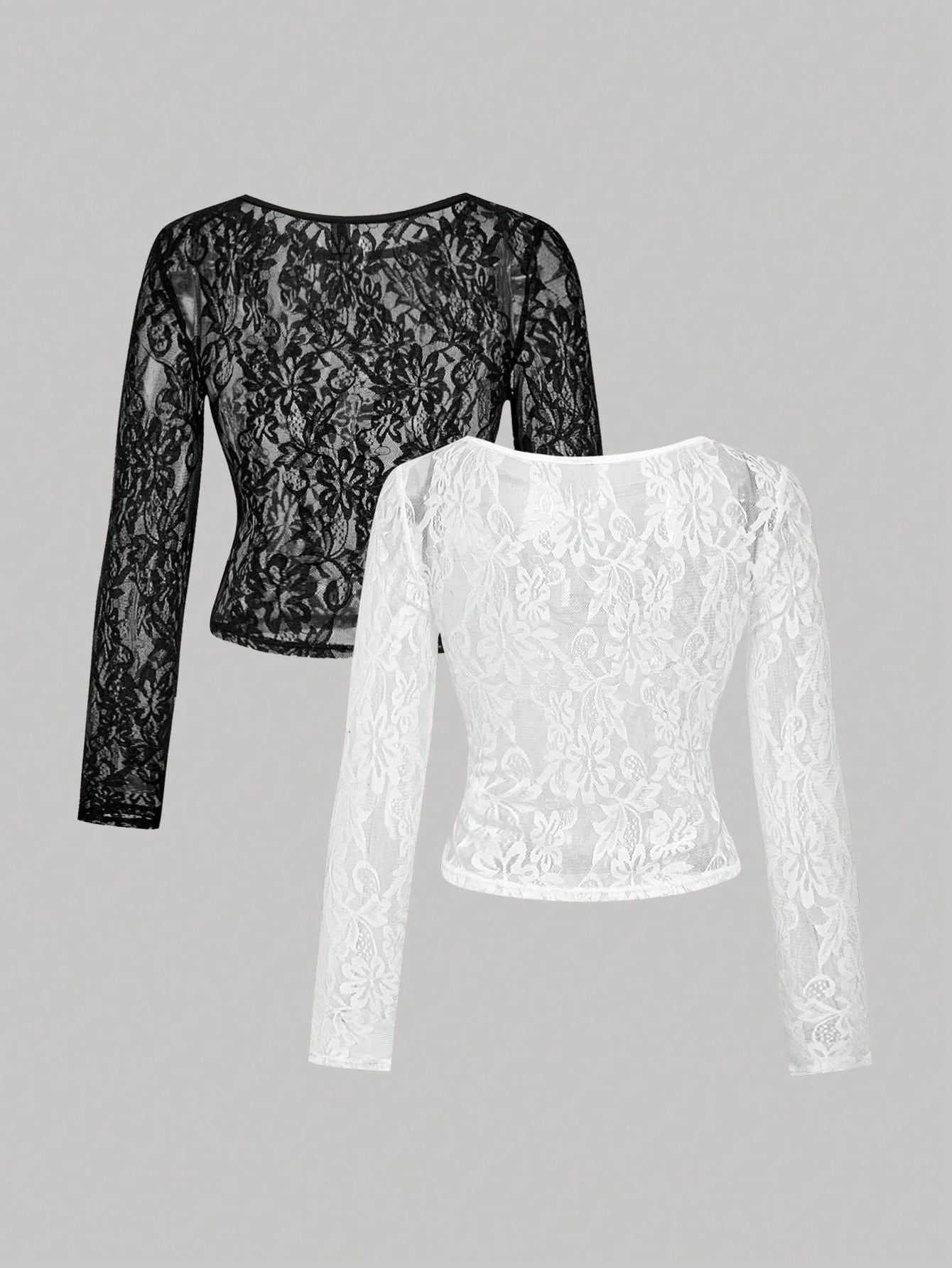 MOD Plus Size Women's 2pcs/Set Sheer Lace Long Sleeve T-Shirts Black White Vintage 70's Sexy Party Night Top Retro Corset Valentine's Day Elegant Autumn