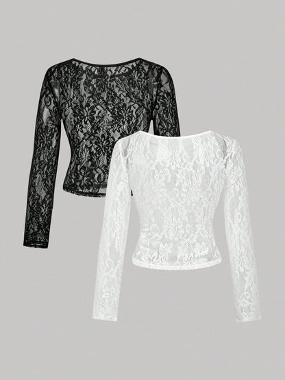MOD Plus Size Women's 2pcs/Set Sheer Lace Long Sleeve T-Shirts Black White Vintage 70's Sexy Party Night Top Retro Corset Valentine's Day Elegant Autumn