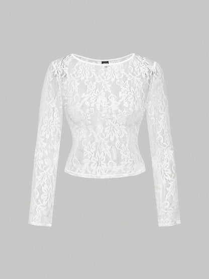 MOD Plus Size Women's 2pcs/Set Sheer Lace Long Sleeve T-Shirts Black White Vintage 70's Sexy Party Night Top Retro Corset Valentine's Day Elegant Autumn