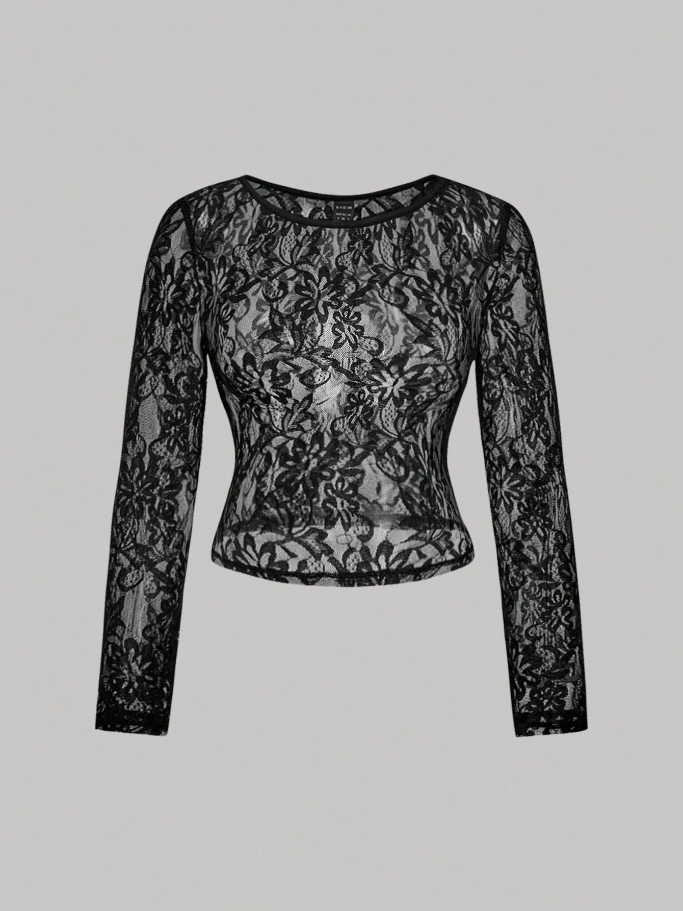 MOD Plus Size Women's 2pcs/Set Sheer Lace Long Sleeve T-Shirts Black White Vintage 70's Sexy Party Night Top Retro Corset Valentine's Day Elegant Autumn