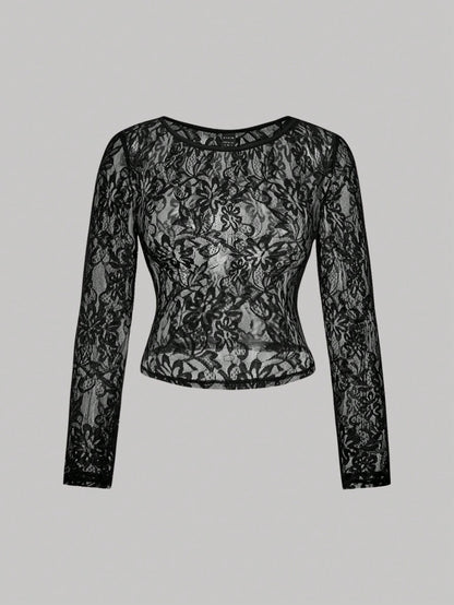 MOD Plus Size Women's 2pcs/Set Sheer Lace Long Sleeve T-Shirts Black White Vintage 70's Sexy Party Night Top Retro Corset Valentine's Day Elegant Autumn