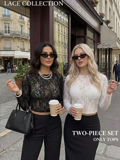 MOD Plus Size Women's 2pcs/Set Sheer Lace Long Sleeve T-Shirts Black White Vintage 70's Sexy Party Night Top Retro Corset Valentine's Day Elegant Autumn