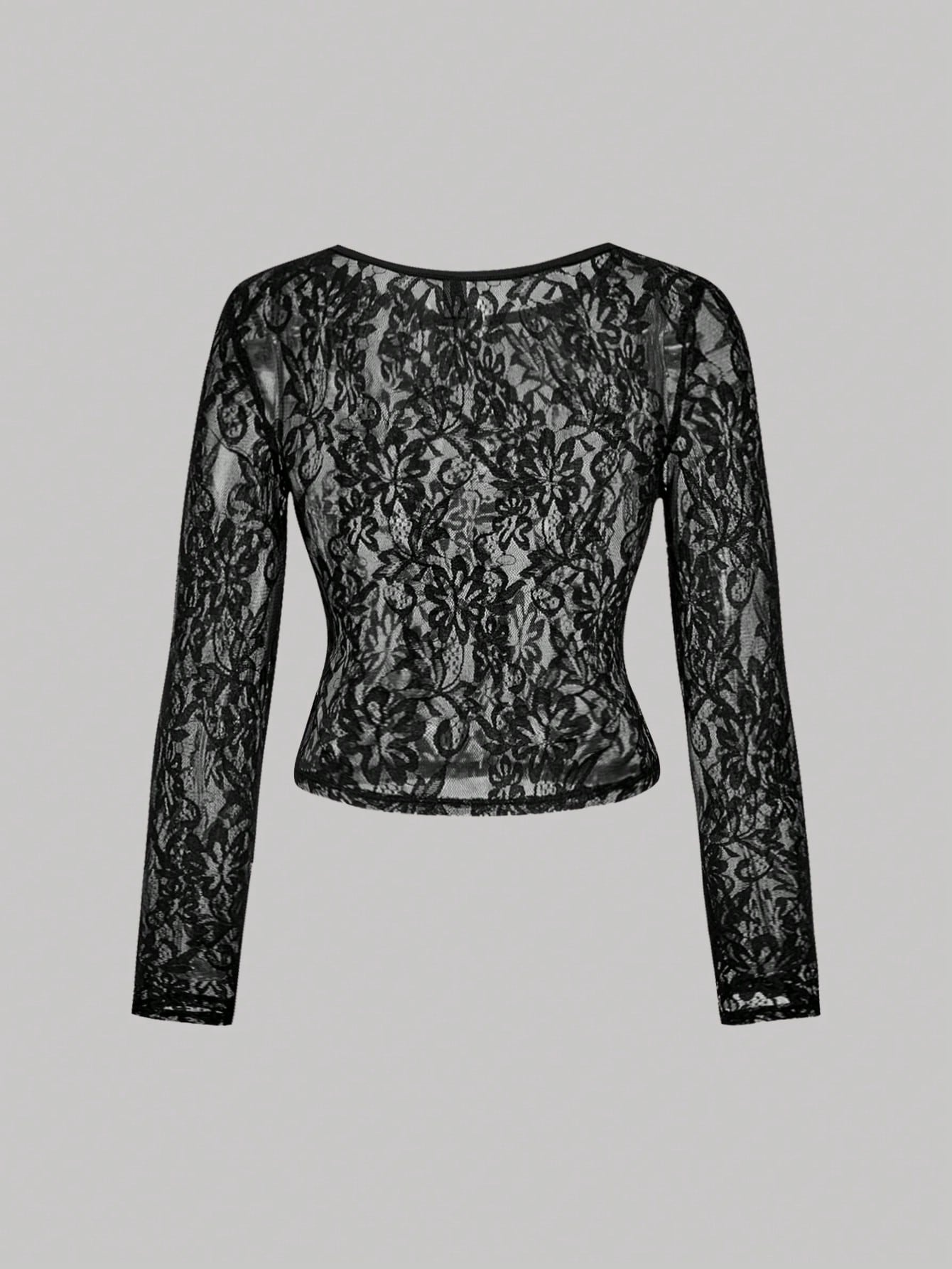 MOD Plus Size Women's 2pcs/Set Sheer Lace Long Sleeve T-Shirts Black White Vintage 70's Sexy Party Night Top Retro Corset Valentine's Day Elegant Autumn