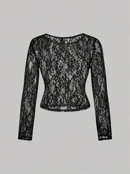 MOD Plus Size Women's 2pcs/Set Sheer Lace Long Sleeve T-Shirts Black White Vintage 70's Sexy Party Night Top Retro Corset Valentine's Day Elegant Autumn