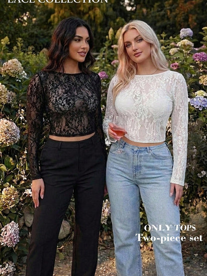 MOD Plus Size Women's 2pcs/Set Sheer Lace Long Sleeve T-Shirts Black White Vintage 70's Sexy Party Night Top Retro Corset Valentine's Day Elegant Autumn