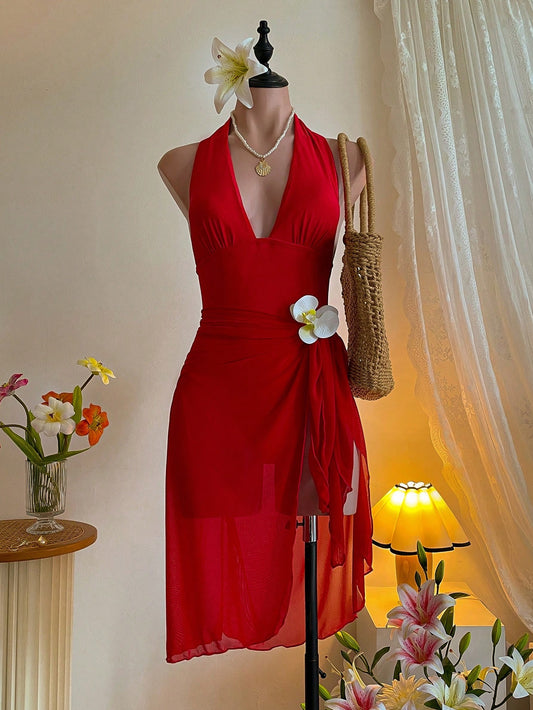 MOD Red,Summer,Casual,Beach,Vacation,Holiday Halter Neck Top With Chest Ruffle One Piece Swimsuit & Wrap Cover Up 2 Pieces Set,Push Up Bathing Suit Women