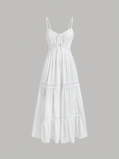 MOD White Lace Patchwork Spaghetti Strap Dress For Women, Wedding Guest Dress, Graduation Dress