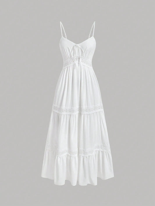 MOD White Lace Patchwork Spaghetti Strap Dress For Women, Wedding Guest Dress, Graduation Dress
