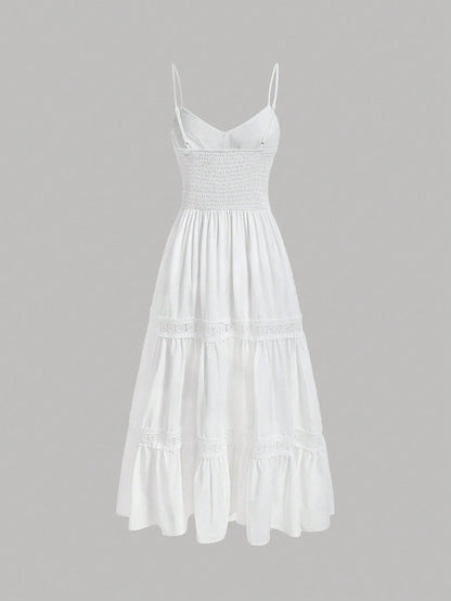 MOD White Lace Patchwork Spaghetti Strap Dress For Women, Wedding Guest Dress, Graduation Dress