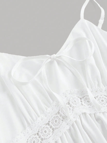 MOD White Lace Patchwork Spaghetti Strap Dress For Women, Wedding Guest Dress, Graduation Dress