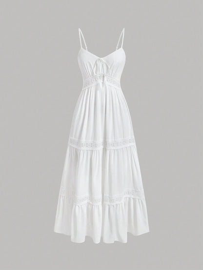 MOD White Lace Patchwork Spaghetti Strap Dress For Women, Wedding Guest Dress, Graduation Dress