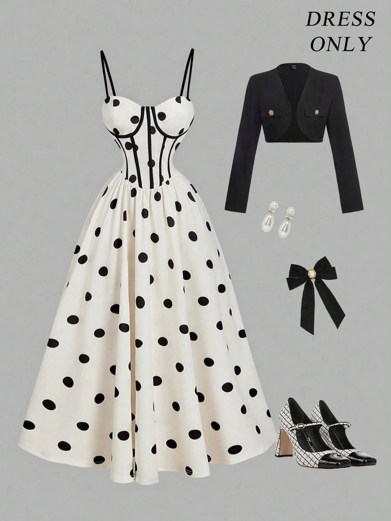 MOD White With Black Polka Dots Camisole Dress For Women,Summer 90s Retro 1960s Vintage 70's Tea Party Elegant Waist Cinched Dress,New Year Formal Prom