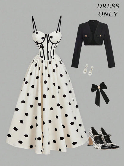 MOD White With Black Polka Dots Camisole Dress For Women,Summer 90s Retro 1960s Vintage 70's Tea Party Elegant Waist Cinched Dress,New Year Formal Prom
