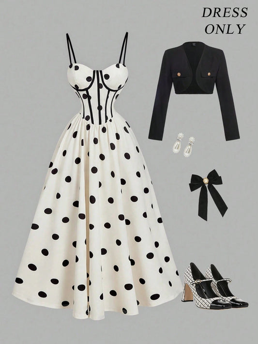 MOD White With Black Polka Dots Camisole Dress For Women,Summer 90s Retro 1960s Vintage 70's Tea Party Elegant Waist Cinched Dress,New Year Formal Prom