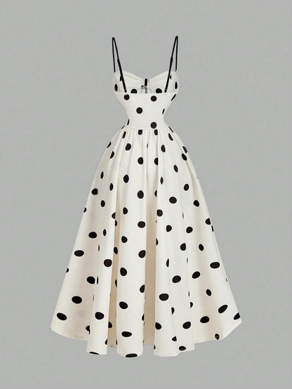 MOD White With Black Polka Dots Camisole Dress For Women,Summer 90s Retro 1960s Vintage 70's Tea Party Elegant Waist Cinched Dress,New Year Formal Prom