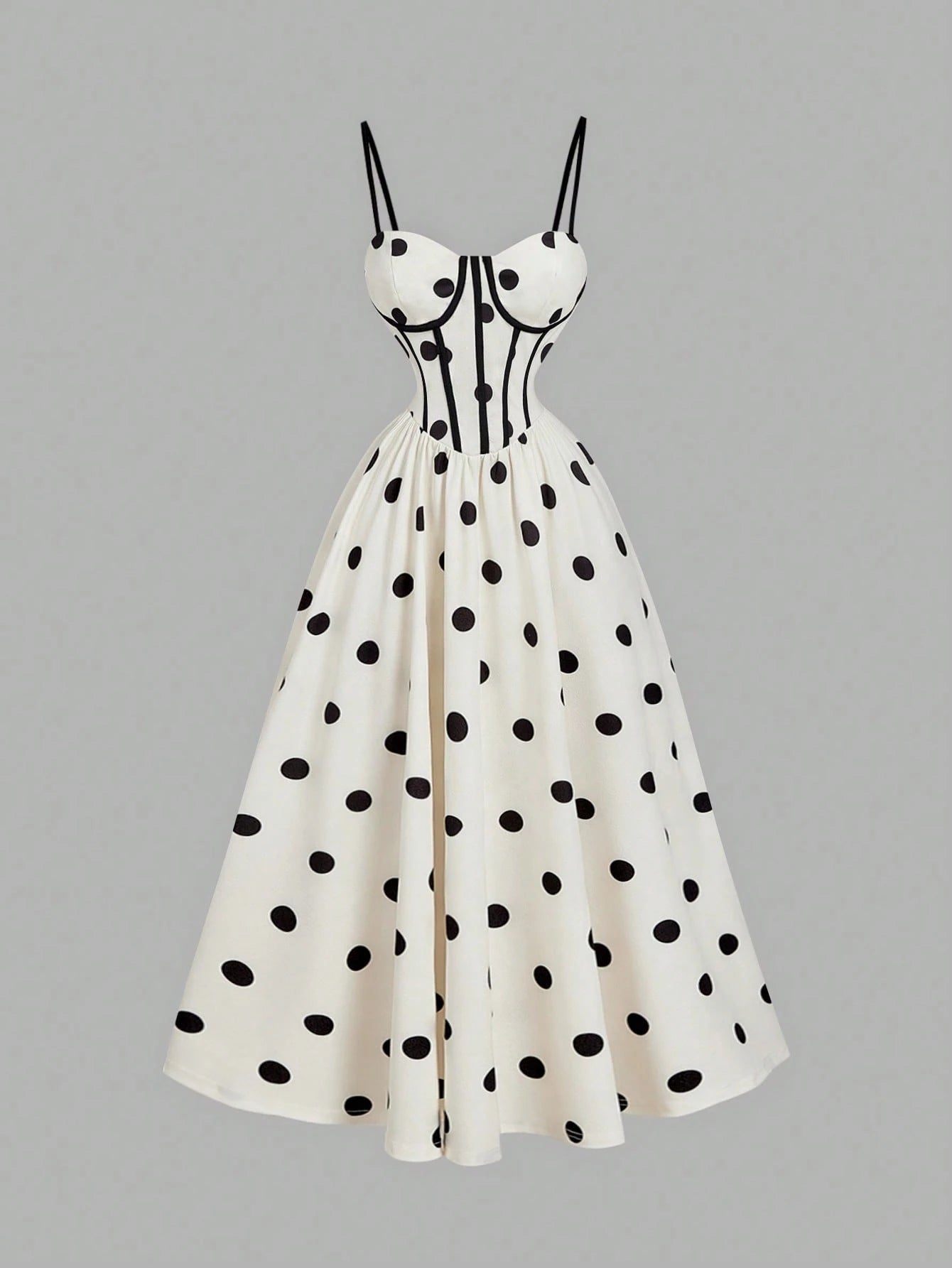 MOD White With Black Polka Dots Camisole Dress For Women,Summer 90s Retro 1960s Vintage 70's Tea Party Elegant Waist Cinched Dress,New Year Formal Prom