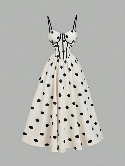 MOD White With Black Polka Dots Camisole Dress For Women,Summer 90s Retro 1960s Vintage 70's Tea Party Elegant Waist Cinched Dress,New Year Formal Prom