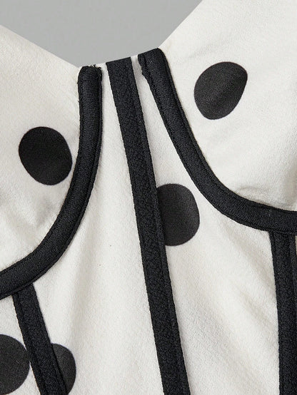 MOD White With Black Polka Dots Camisole Dress For Women,Summer 90s Retro 1960s Vintage 70's Tea Party Elegant Waist Cinched Dress,New Year Formal Prom
