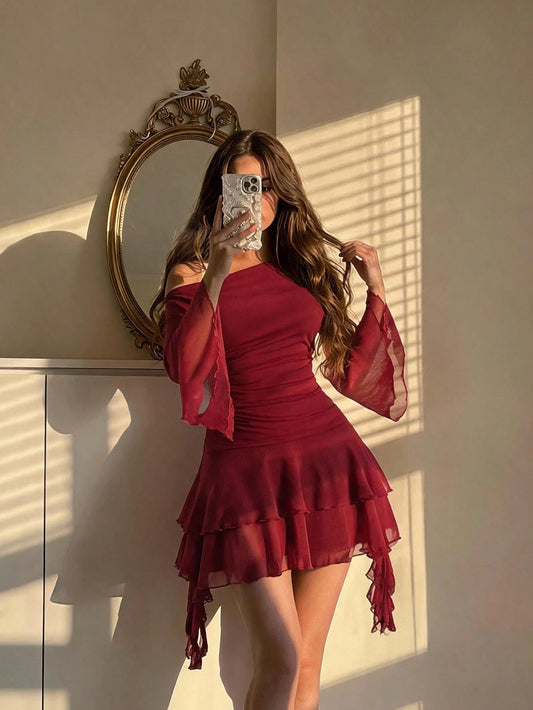 MOD Wine Red Flared Sleeve Ruffle Asymmetric Neck Long Sleeve Dress Going Out Autumn Sexy