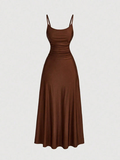 MOD Women's Coffee Brown Ruched Waist Spaghetti Strap Dress, Summer Casual Minimalist Date Night Semi Formal Elegant Tea Party Flowy Cruise Beach Outfits