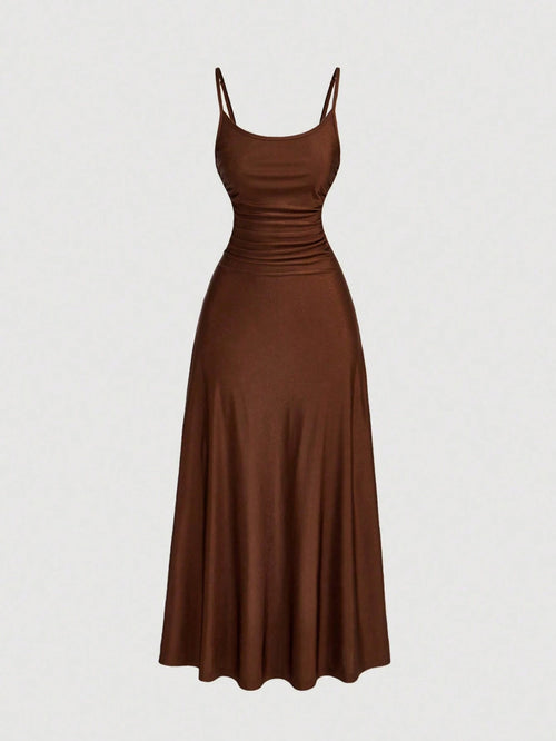 MOD Women's Coffee Brown Ruched Waist Spaghetti Strap Dress, Summer Casual Minimalist Date Night Semi Formal Elegant Tea Party Flowy Cruise Beach Outfits