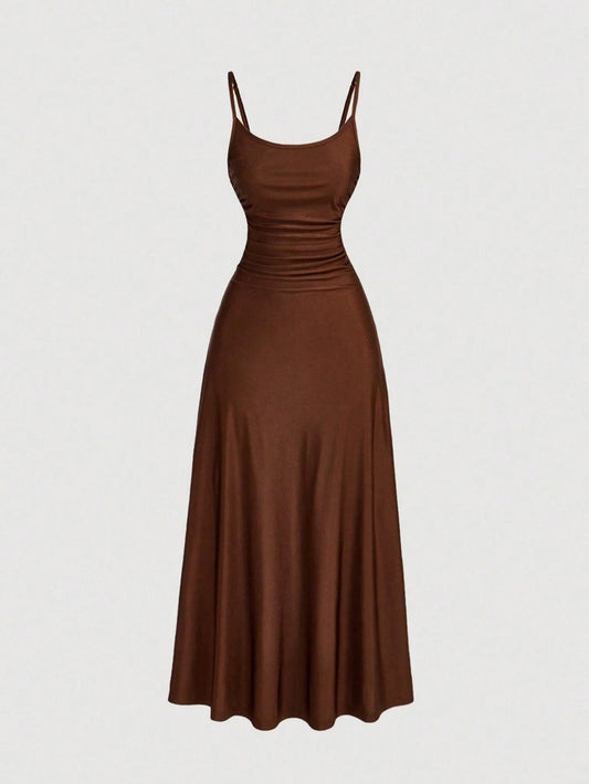 MOD Women's Coffee Brown Ruched Waist Spaghetti Strap Dress, Summer Casual Minimalist Date Night Semi Formal Elegant Tea Party Flowy Cruise Beach Outfits