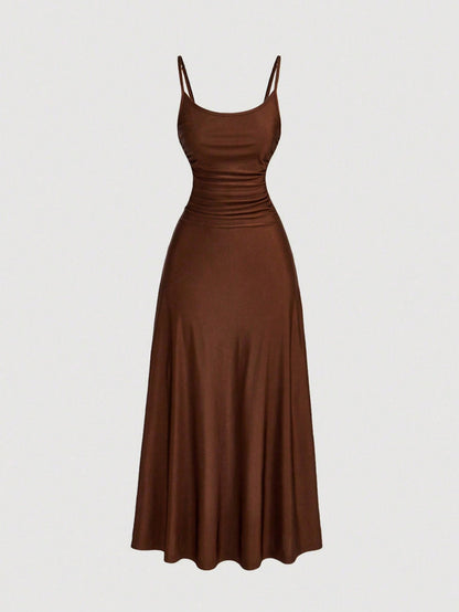 MOD Women's Coffee Brown Ruched Waist Spaghetti Strap Dress, Summer Casual Minimalist Date Night Semi Formal Elegant Tea Party Flowy Cruise Beach Outfits