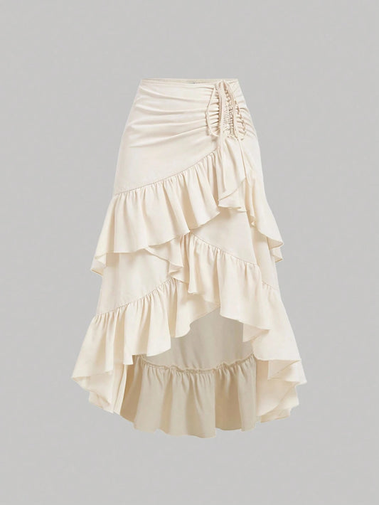MOD Women's Creamy Apricot Summer Skirt With High-Low Hem,Drawstring Ruffled Layered,Party Skirt,Boho Skirt,Lunch Skirt