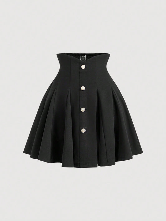 MOD Women's High Waist A-Line Skirt With Faux Pearl Buttons, Elegant Preppy Black Vintage Palace Style For Summer, School, Back-To-School, Parties Work