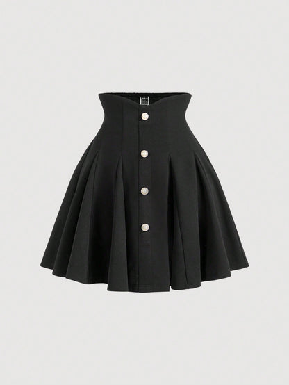 MOD Women's High Waist A-Line Skirt With Faux Pearl Buttons, Elegant Preppy Black Vintage Palace Style For Summer, School, Back-To-School, Parties Work