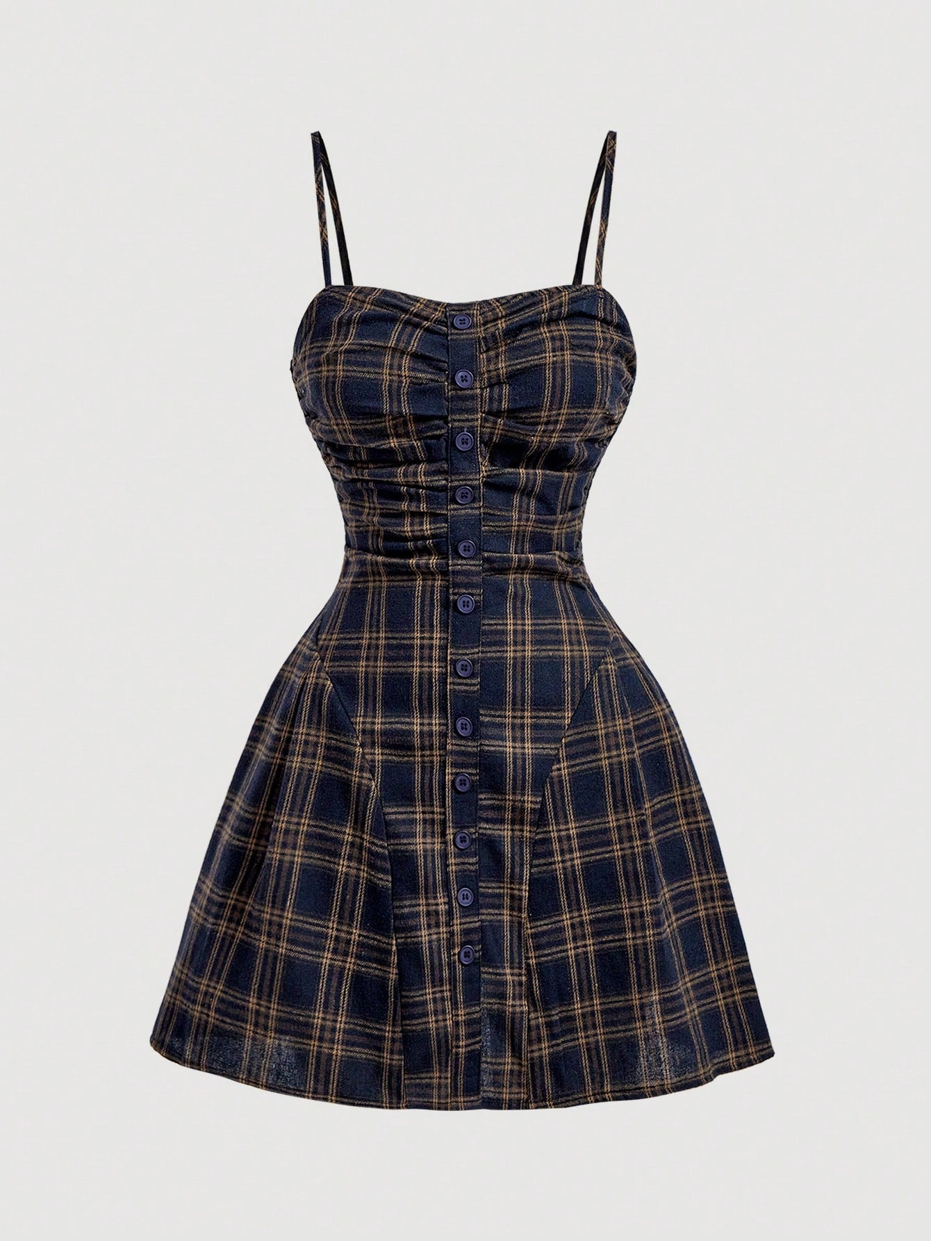 MOD Women's Plaid Spaghetti Strap Sleeveless Front Button Elegant Preppy Vintage Mini Dress, Summer Back To School Picnic, Casual Oktoberfest Navy Blue