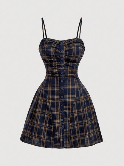 MOD Women's Plaid Spaghetti Strap Sleeveless Front Button Elegant Preppy Vintage Mini Dress, Summer Back To School Picnic, Casual Oktoberfest Navy Blue