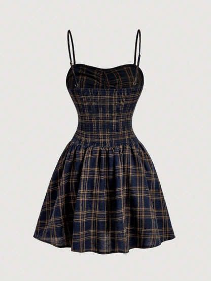 MOD Women's Plaid Spaghetti Strap Sleeveless Front Button Elegant Preppy Vintage Mini Dress, Summer Back To School Picnic, Casual Oktoberfest Navy Blue