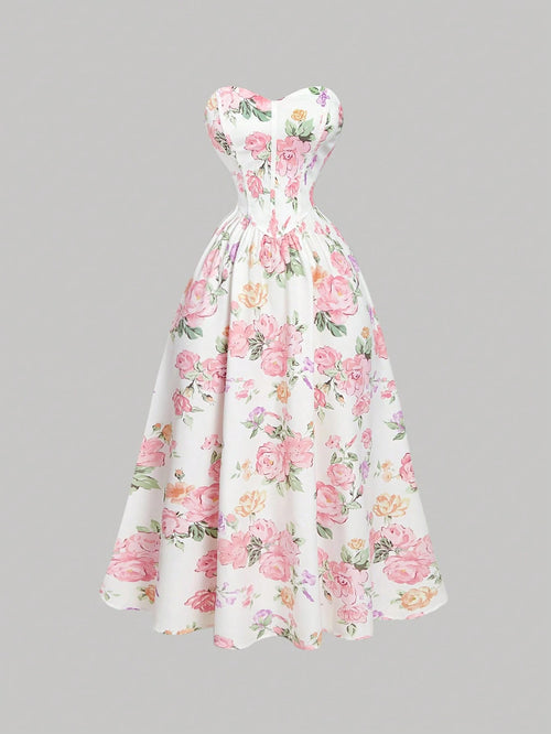 MOD Women's Romantic Floral Print Tube Dress, Prom Dress, Elegant Summer Bohemia Wedding Garden Party Mother Of The Bride Bachelorette White And Pink