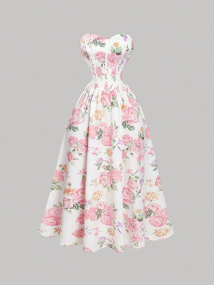 MOD Women's Romantic Floral Print Tube Dress, Prom Dress, Elegant Summer Bohemia Wedding Garden Party Mother Of The Bride Bachelorette White And Pink